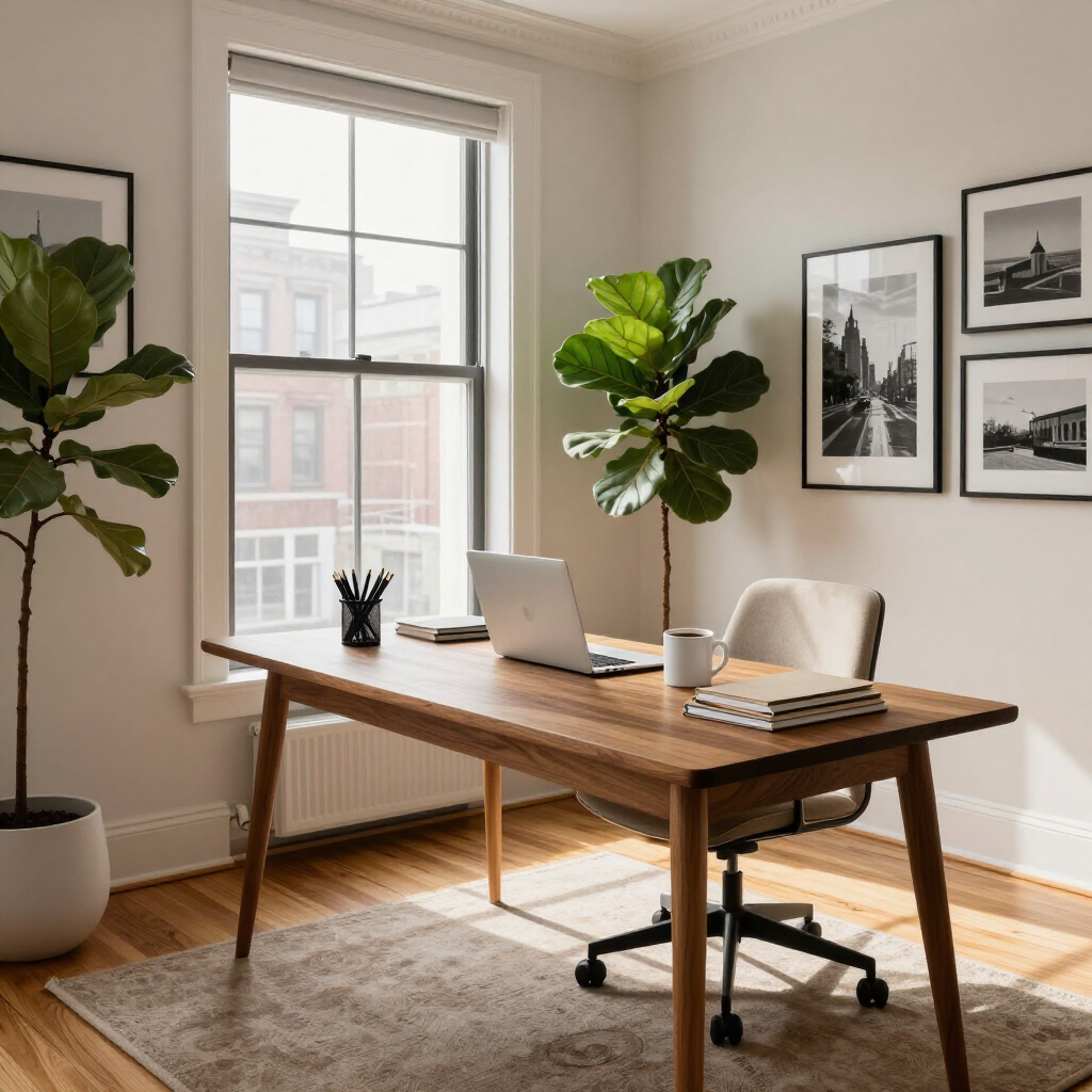 Sunlit home office with wooden desk, laptop, chair, plants, and framed wall art