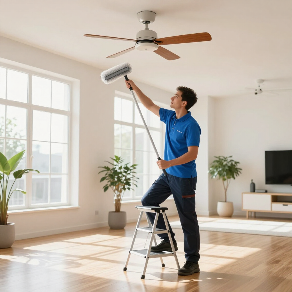 Person cleaning a ceiling fan in a bright living room with a mop on a ladder