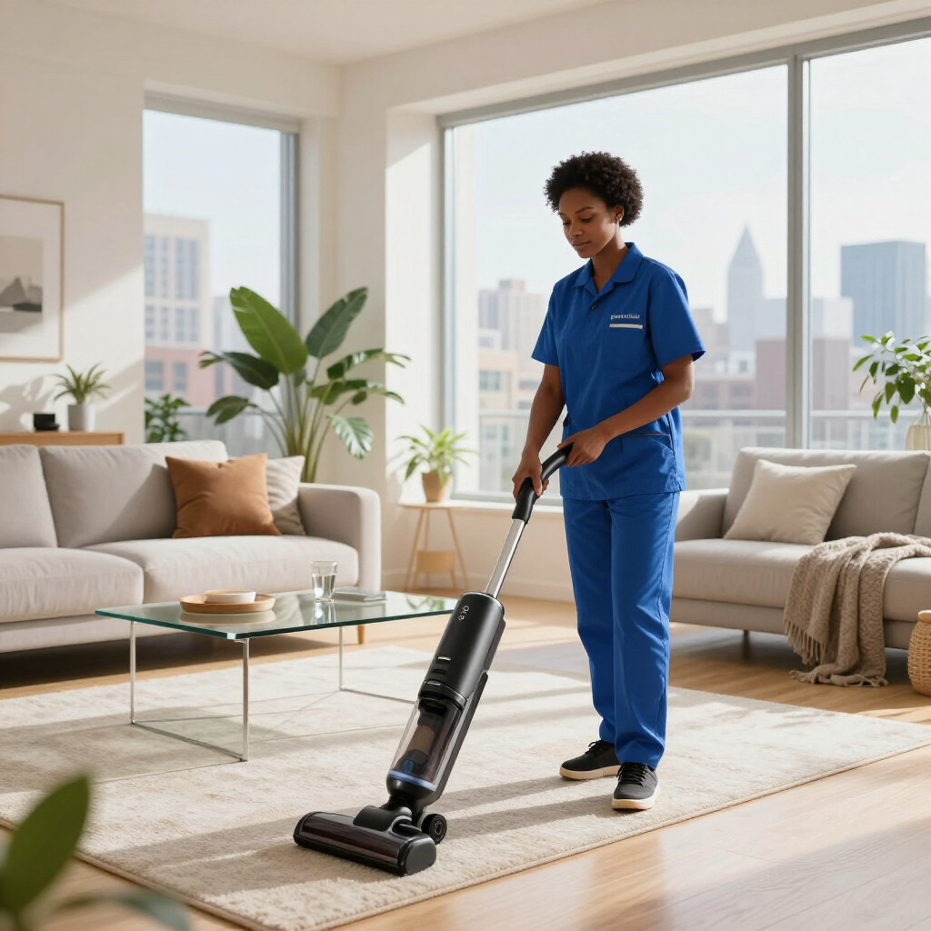 Person vacuuming a bright living room with a cordless upright vacuum