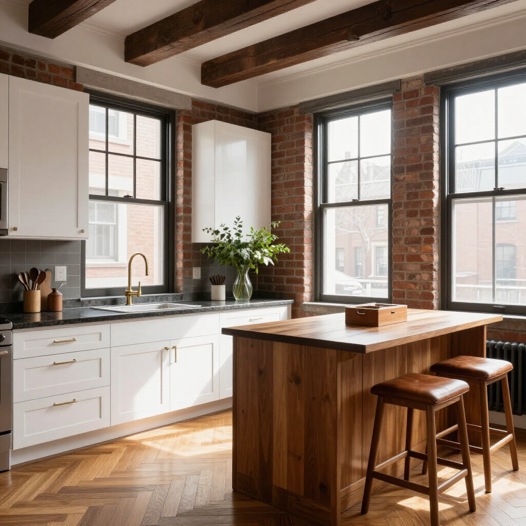 Bright modern kitchen with white cabinets, wood island, exposed brick, and large windows