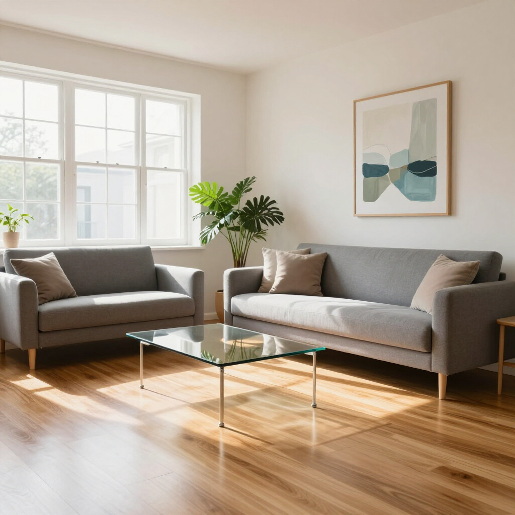 Bright living room with gray sofas, glass coffee table, sunlit hardwood floor, and abstract wall art