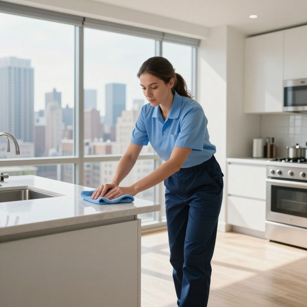 Person cleaning a kitchen countertop with a blue cloth in a bright apartment kitchen