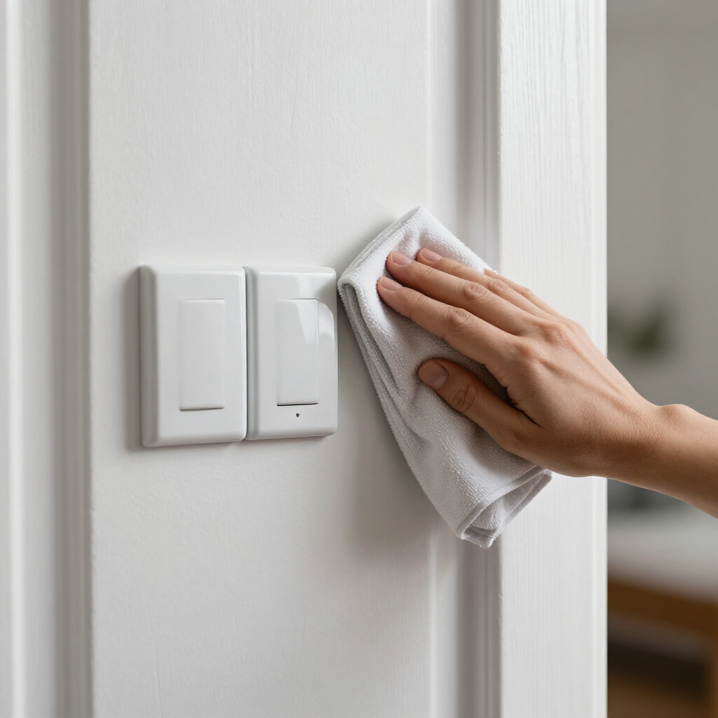 Hand wiping a white wall beside two light switches