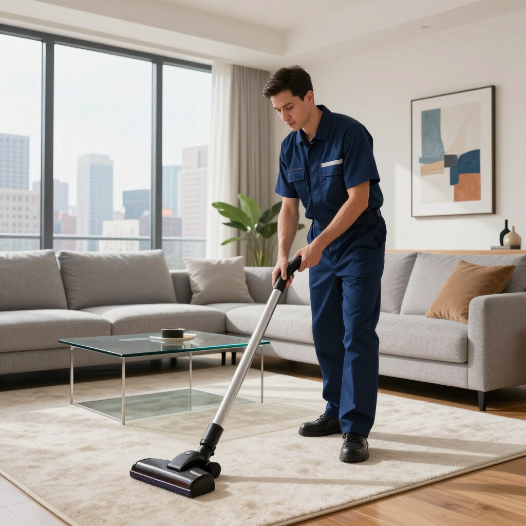 Cleaner vacuuming a bright living room with a gray sofa and large windows