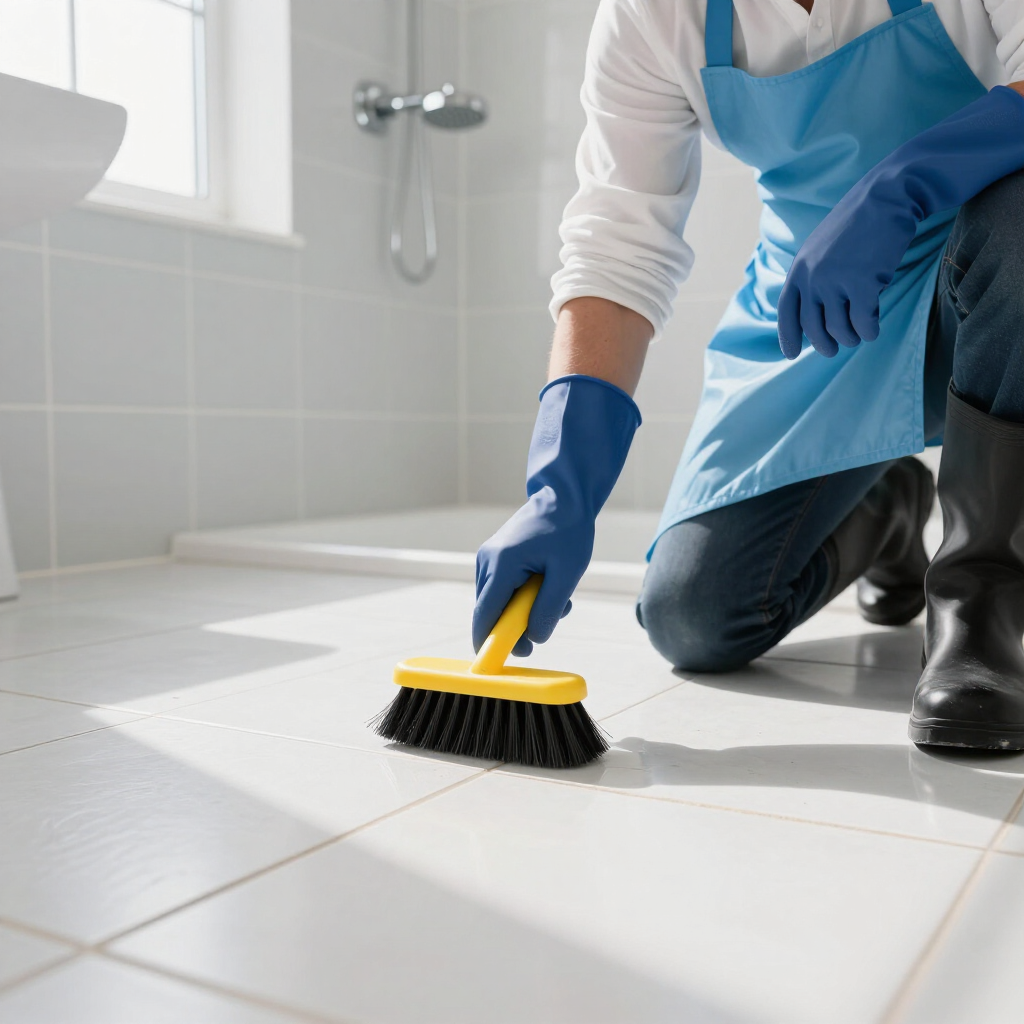 Person scrubbing a white bathroom tile floor with a yellow and black brush, wearing blue gloves.