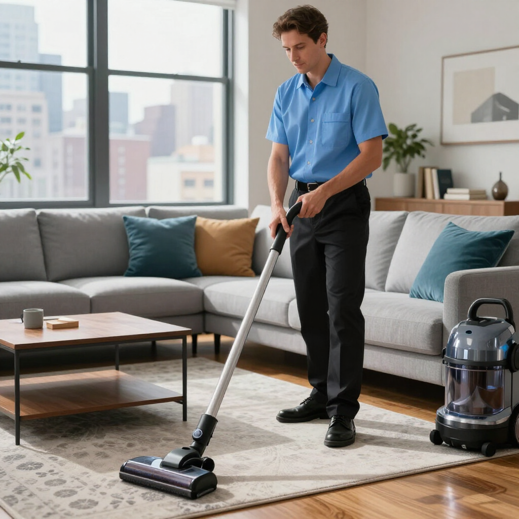 Person vacuuming a living room with a cordless stick vacuum beside a sofa and coffee table