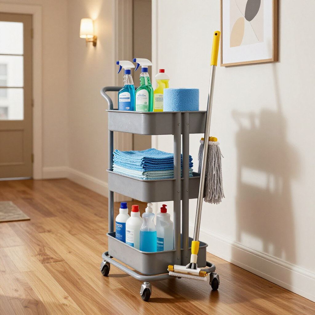 Cleaning cart with sprays, paper towels, and mop in a bright hallway.