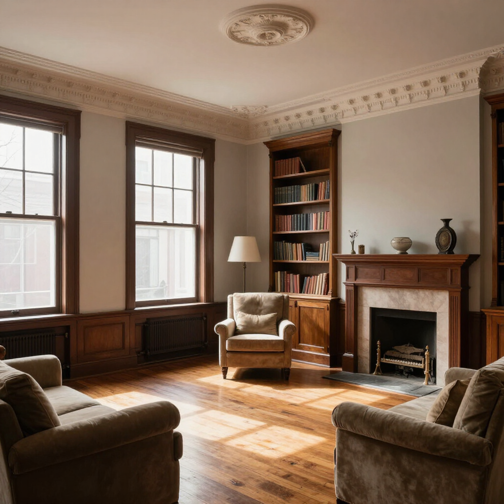 Sunlit living room with wood paneling, fireplace, bookshelves, and upholstered chairs