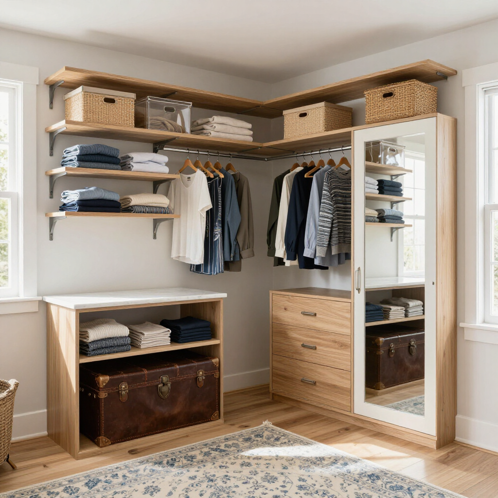 Built-in walk-in closet with shelves, hanging clothes, drawers, mirror, and baskets in a bright room
