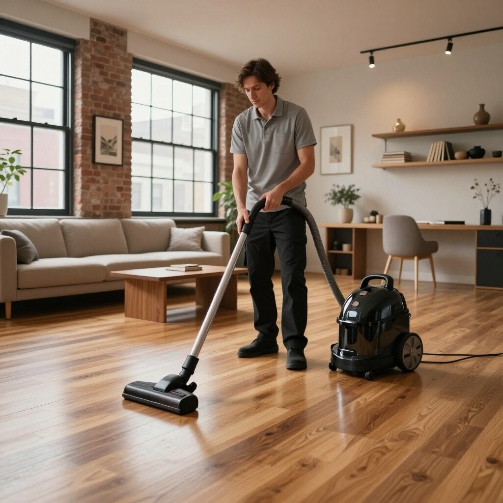 Person vacuuming a modern living room with a canister vacuum and hardwood floors