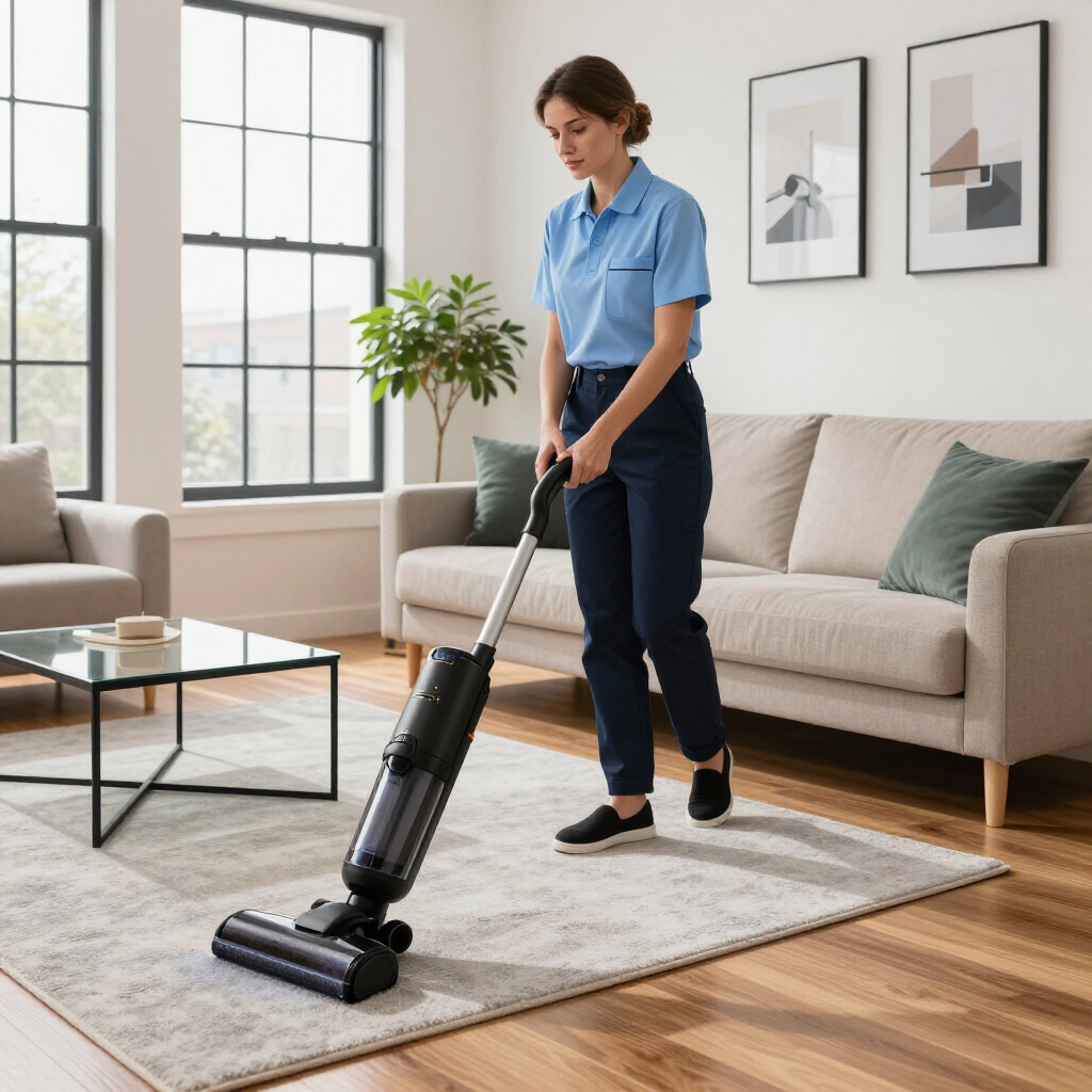 Person vacuuming a beige rug in a bright living room with a black cordless vacuum.