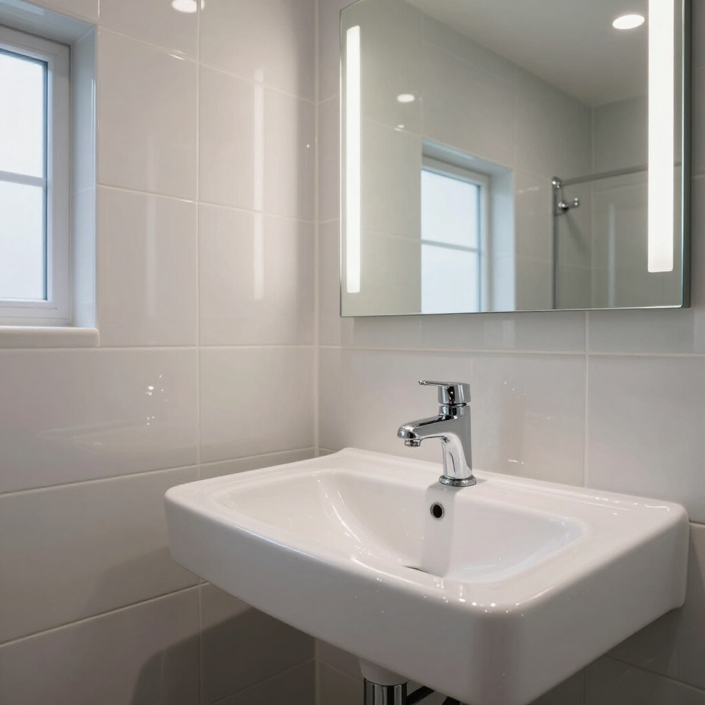 Modern bathroom sink with chrome faucet, mirror cabinet, and white tiled walls