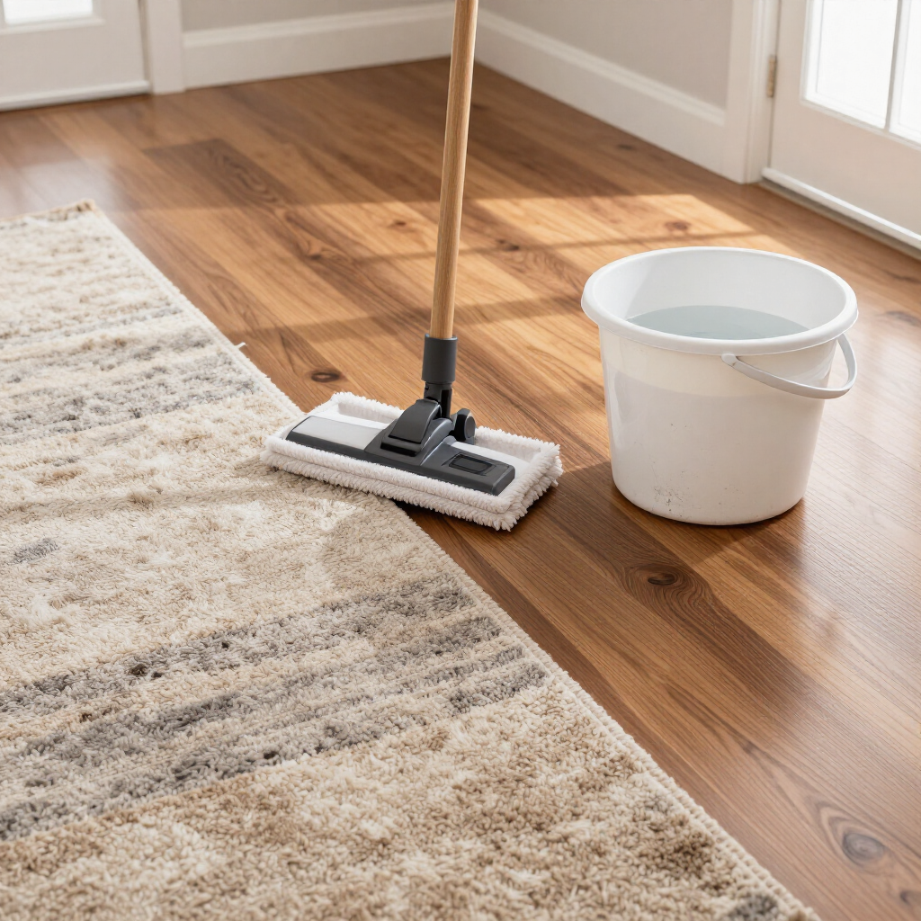Mop on hardwood floor beside white bucket next to a beige rug in a bright room