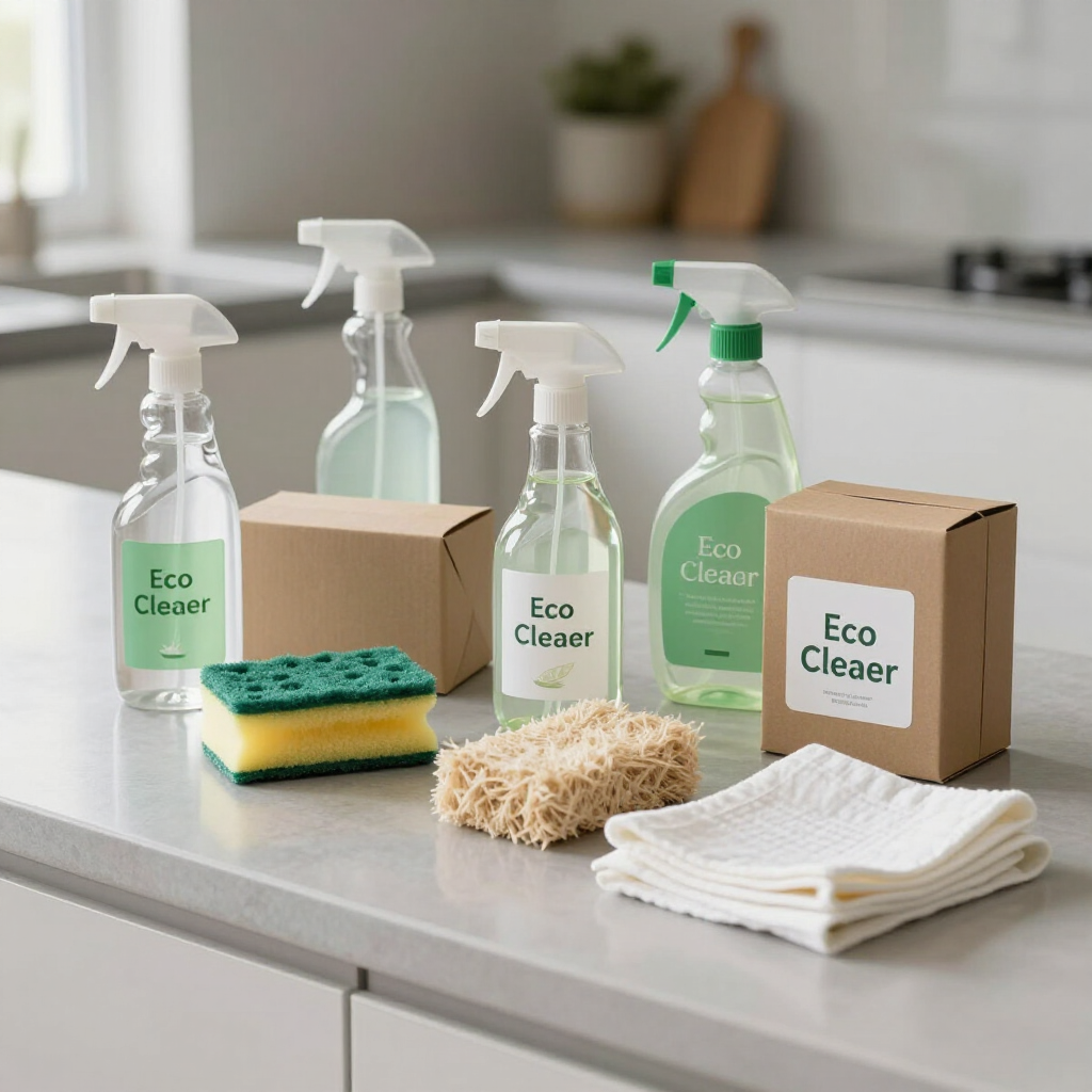 Eco-friendly cleaning products, spray bottles, sponges, brushes, and cloths on a kitchen counter.