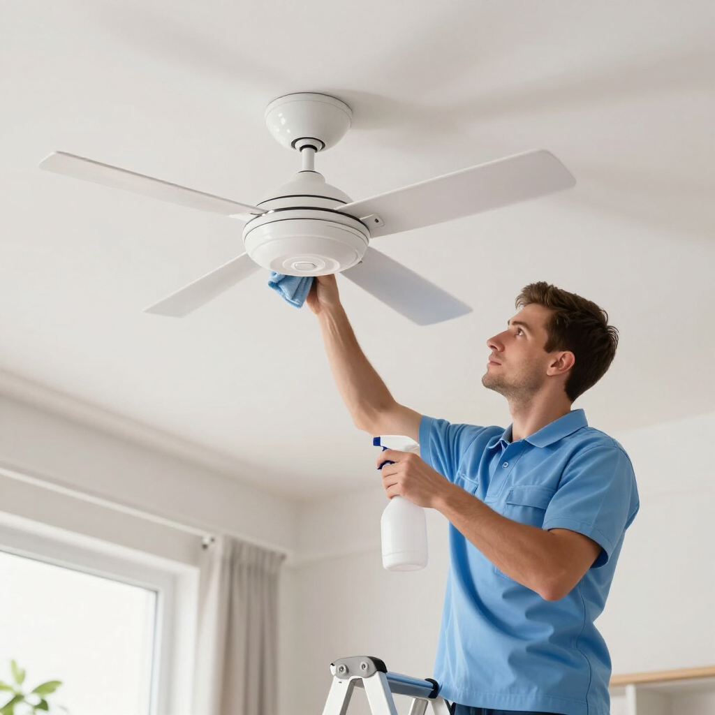 Technician cleaning a white ceiling fan with a spray bottle in a bright room