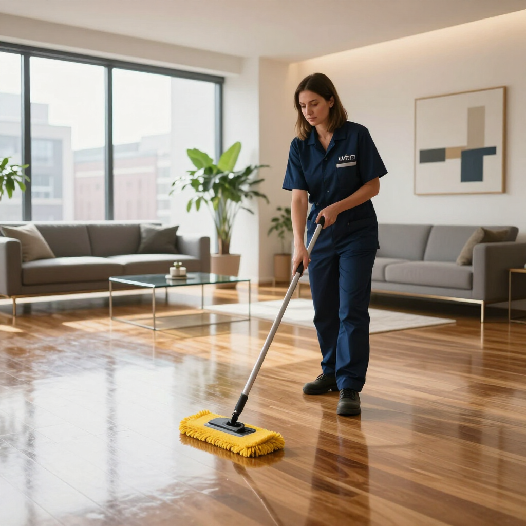 Cleaner mopping a polished hardwood floor in a bright living room with sofas and large windows