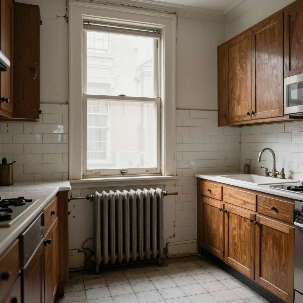 Small vintage kitchen with wooden cabinets, white tile backsplash, and a window above a radiator.