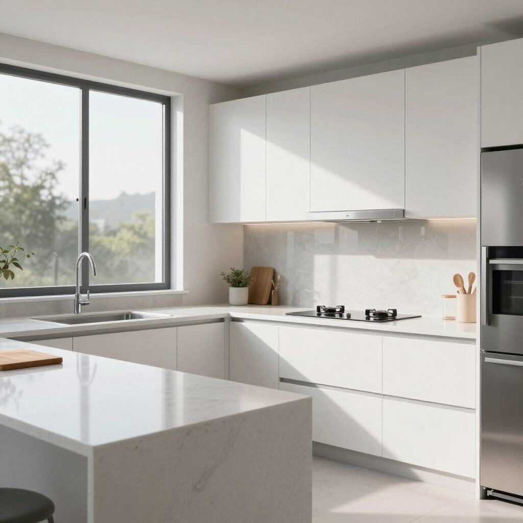 Bright modern white kitchen with a large window, marble island, and minimalist cabinets