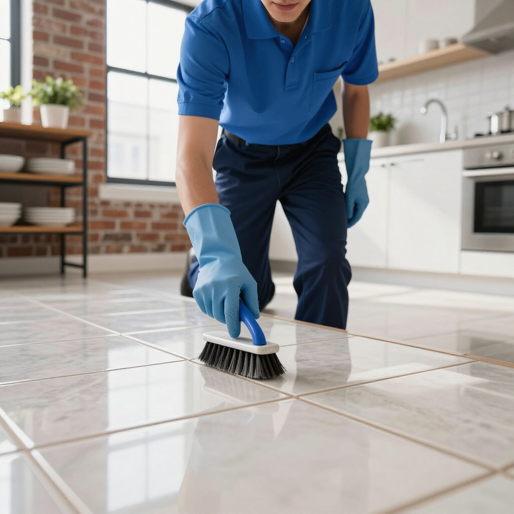 Person in blue gloves scrubbing white floor tiles with a brush in a bright kitchen