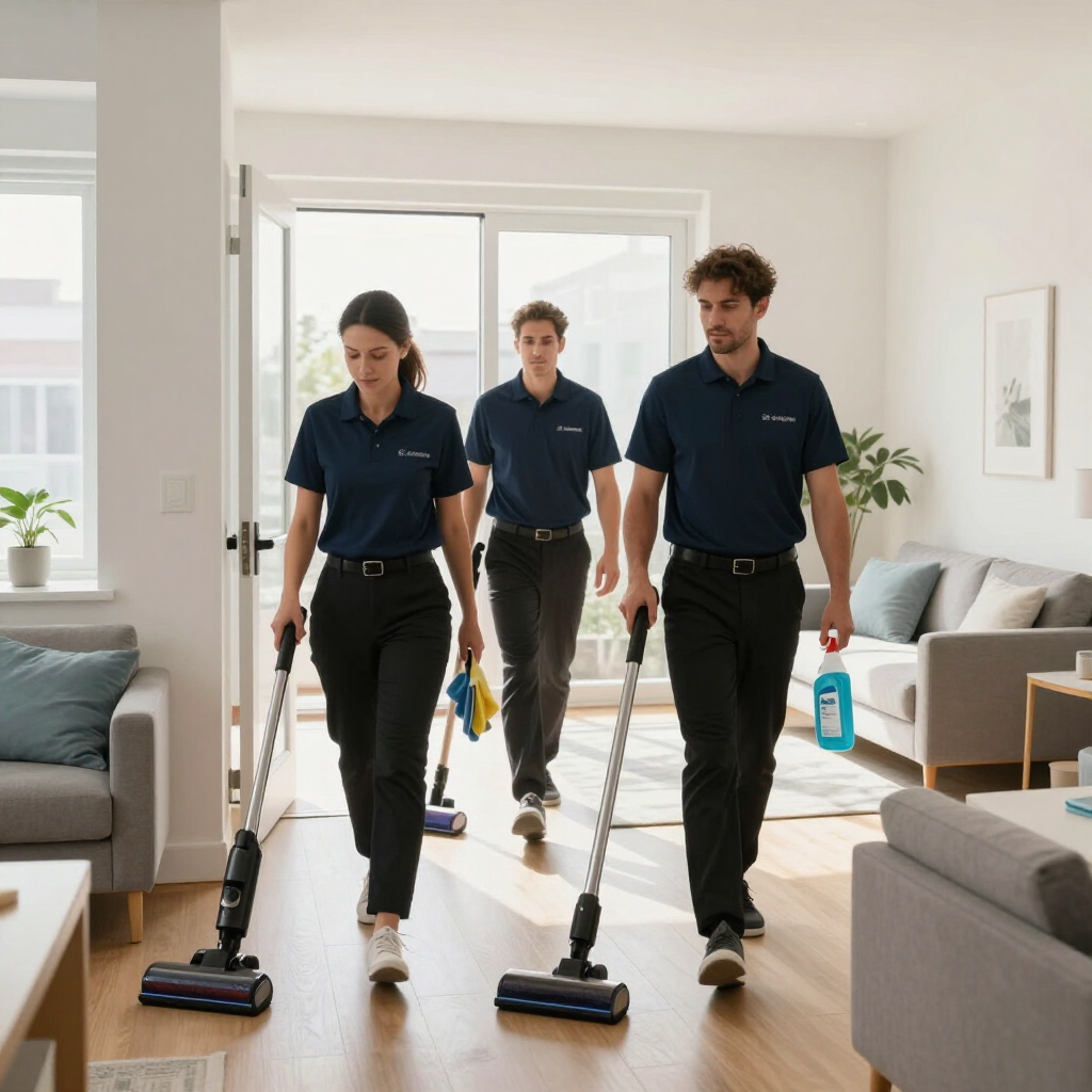 Three cleaners in navy uniforms vacuuming a bright living room with open patio doors
