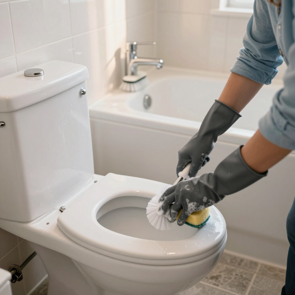Person wearing gloves scrubs a toilet with a sponge in a bathroom near a bathtub