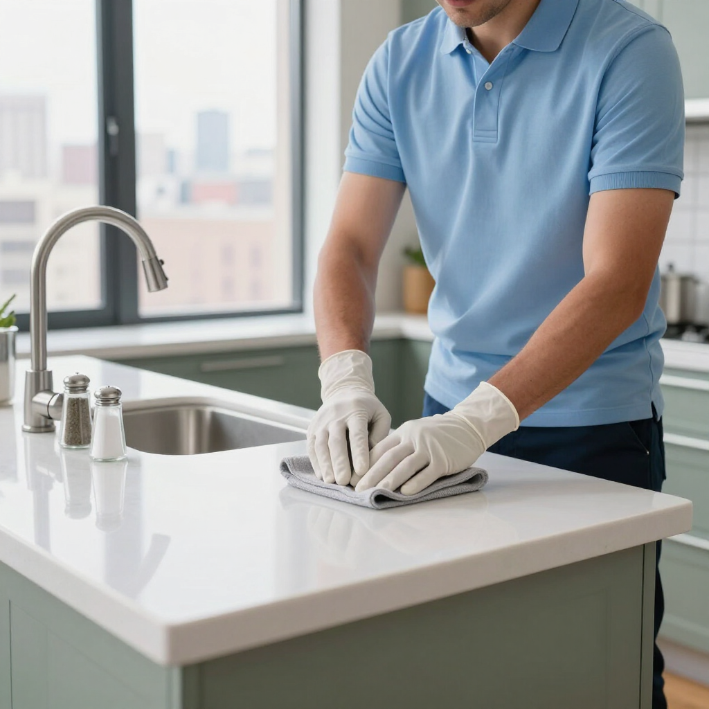 Person in a blue shirt and gloves wiping a kitchen countertop near a sink and faucet.