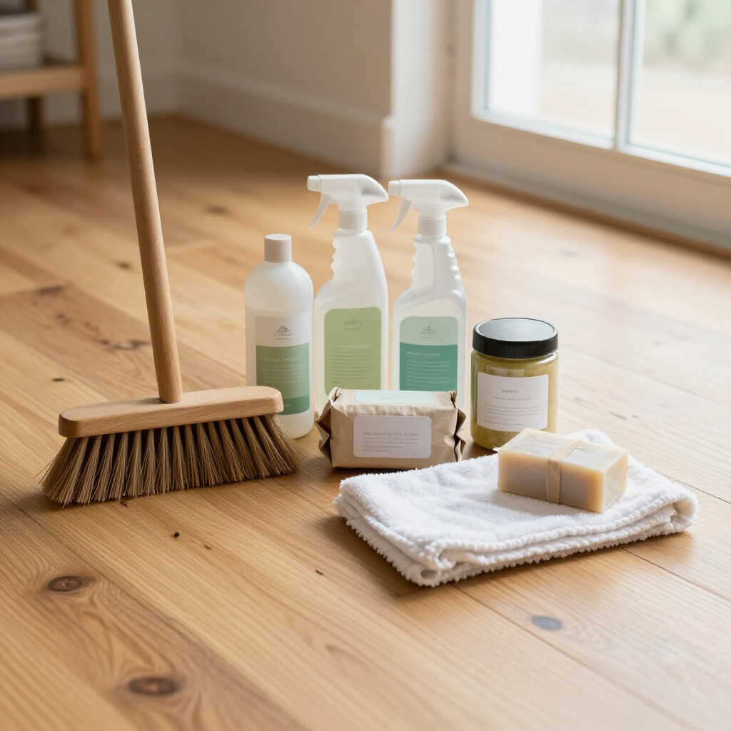 Cleaning supplies, broom, and folded towels on a wooden floor near a sunlit window.