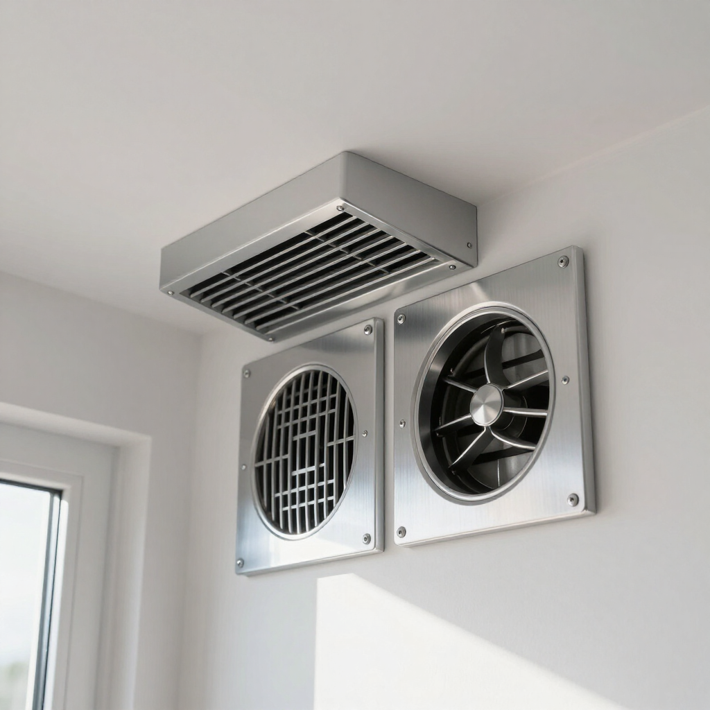 Wall-mounted ventilation fan and air vent in a white room ceiling corner