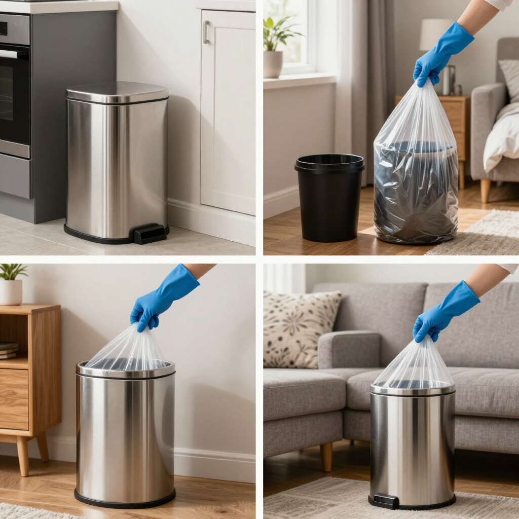 Stainless steel trash can with step-on lid in a kitchen and living room, shown with a bag being placed inside.