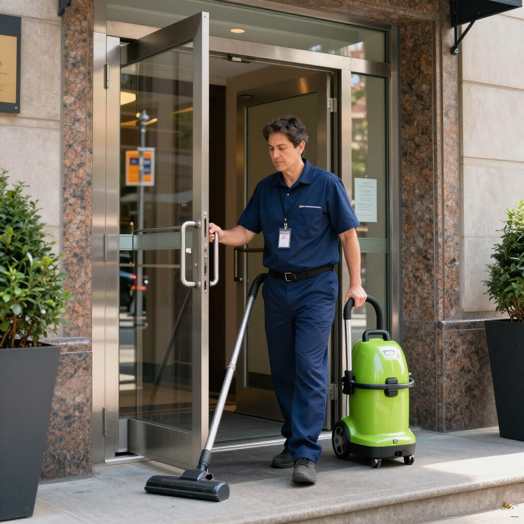 Janitor in navy uniform exits building, holding a vacuum and pulling a green canister cleaner