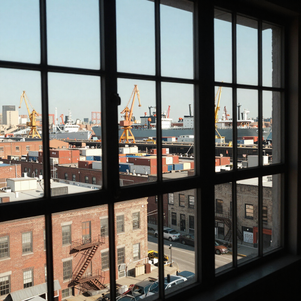 City view through a large window grid, with brick buildings, cranes, and a harbor skyline.