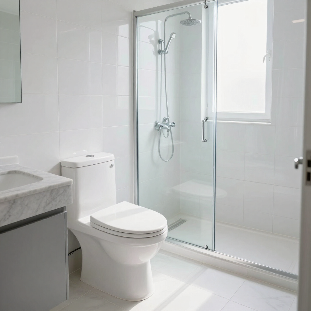 Bright modern bathroom with white tile, toilet, sink, and glass shower stall with window.