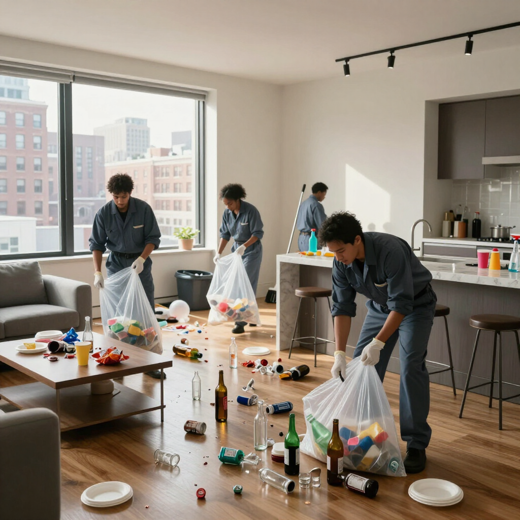 People cleaning up a messy apartment, picking up bottles and trash near a table and kitchen area