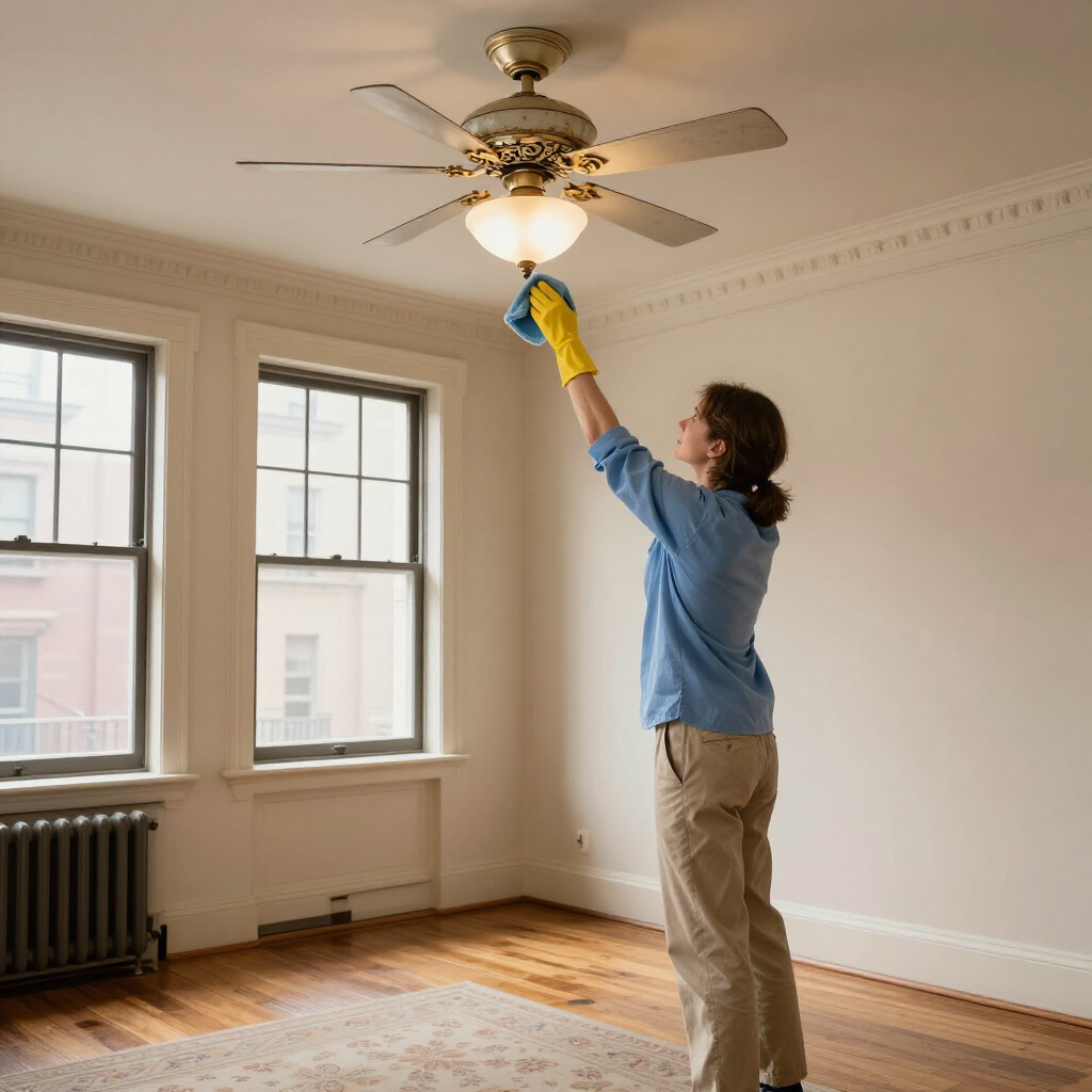 Person dusting a ceiling fan in a bright empty room with two windows and hardwood floors