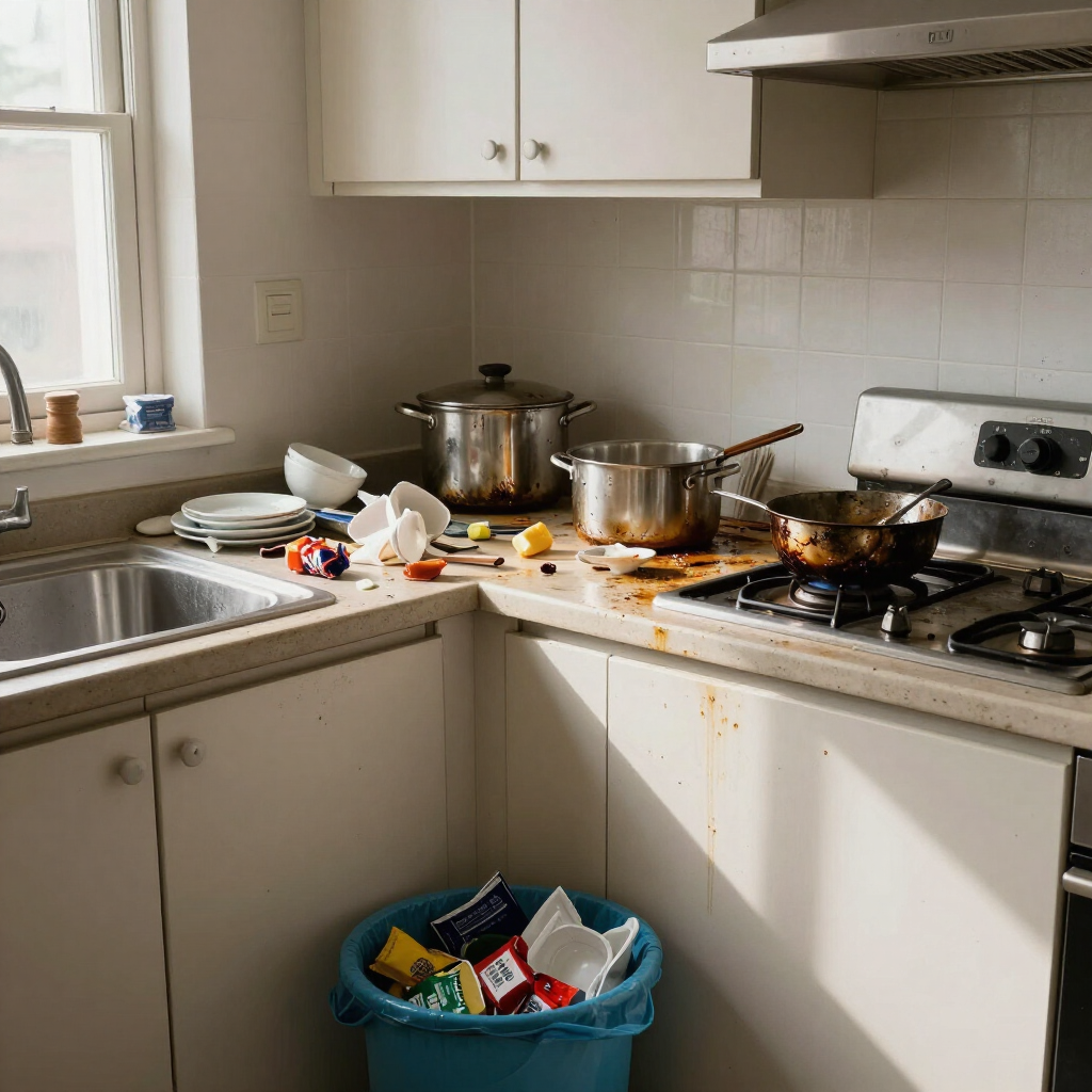 Messy kitchen with pots, spilled food, and a trash bin on the floor near the stove and sink