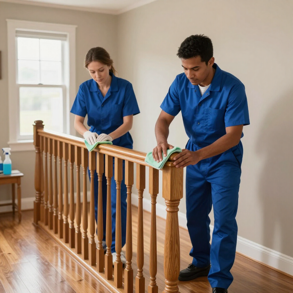 Two cleaners in blue uniforms wiping a wooden staircase railing in a bright hallway