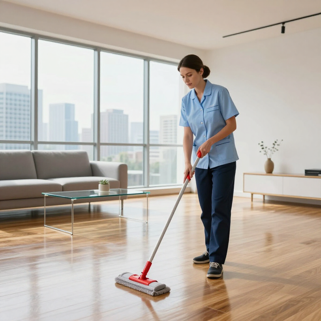 Person mopping a hardwood floor in a bright modern living room with large windows