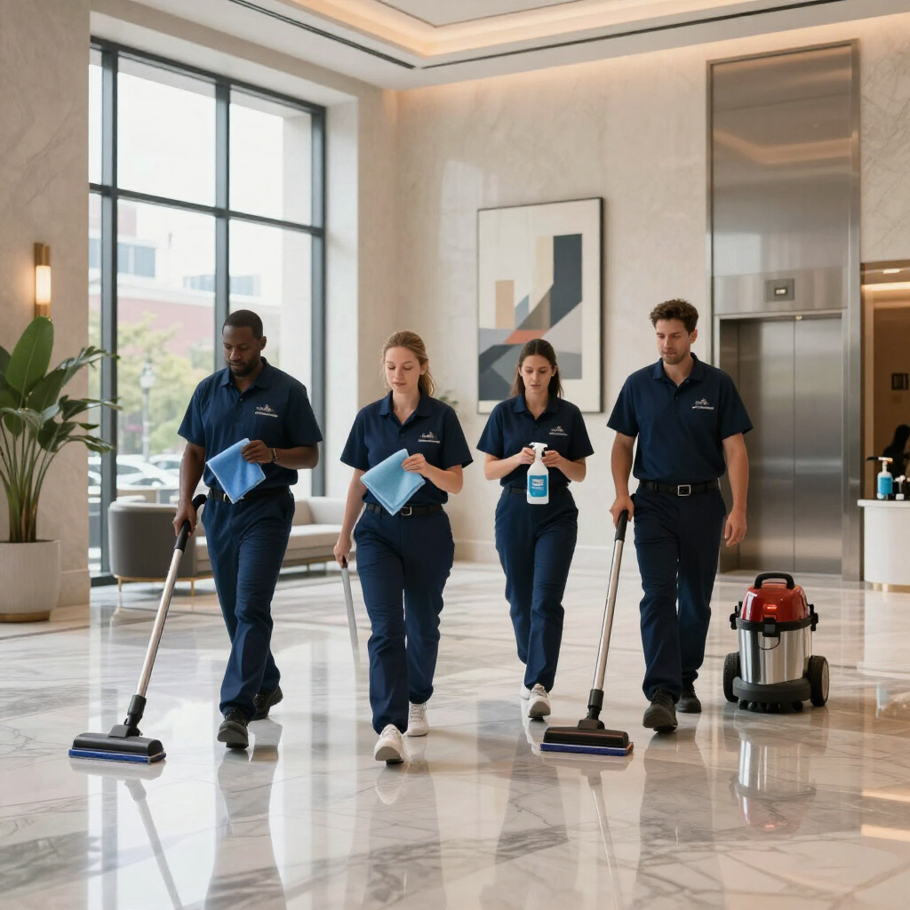 Four cleaners mopping a bright lobby floor, with a vacuum in the background.