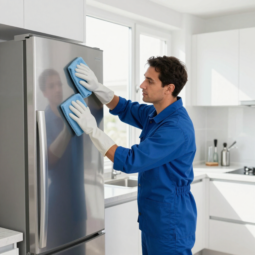 Person in blue work clothes cleaning a stainless steel refrigerator in a bright kitchen.