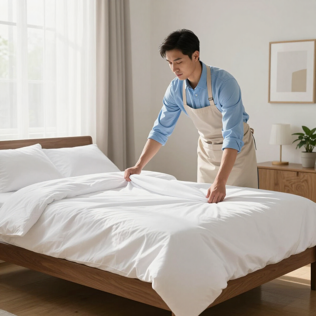 Person making a bed with a white duvet in a bright bedroom