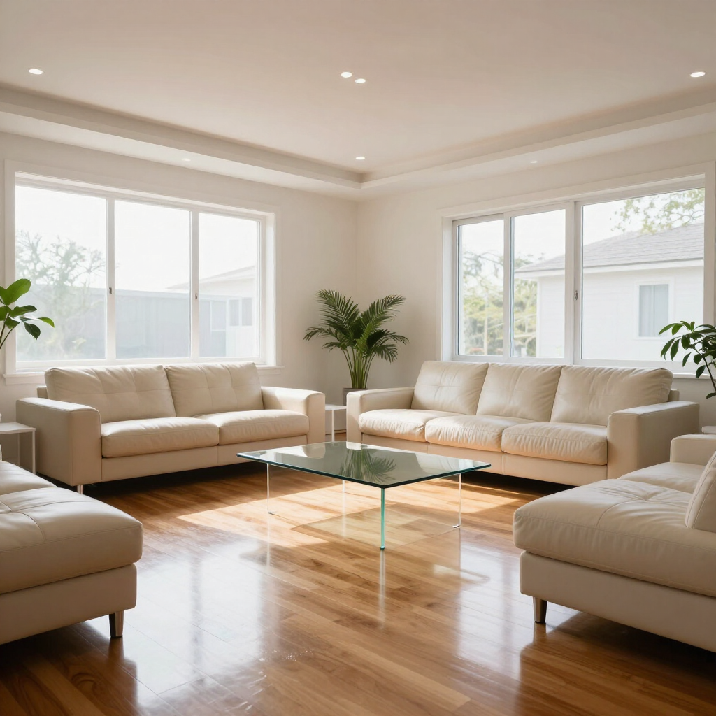 Bright living room with cream sofas, a glass coffee table, and large windows on a polished wood floor