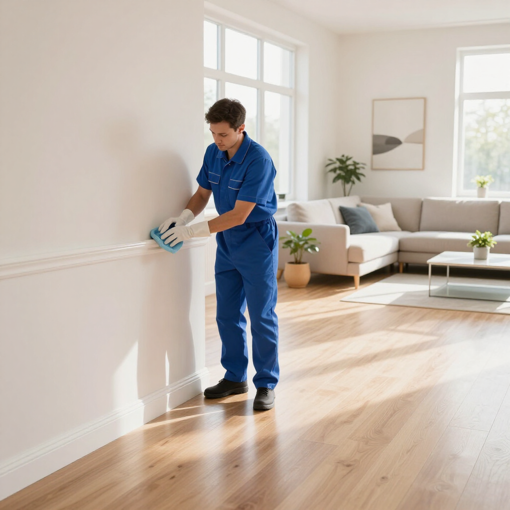 Person wiping a white wall in a bright living room with hardwood floors and a gray sofa