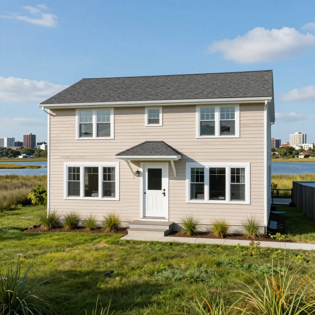 Two-story beige house with white trim by the water under a blue sky