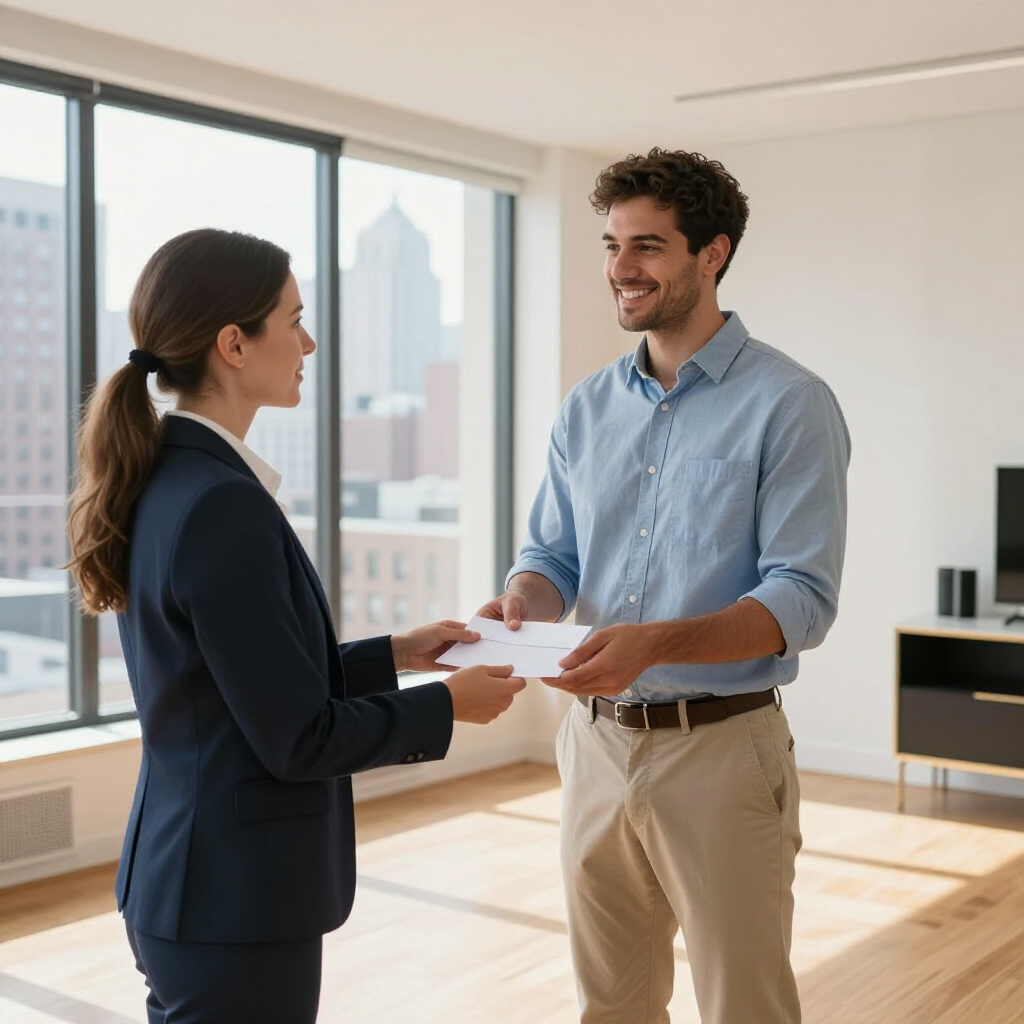 Two coworkers exchanging a document in a bright office with large windows