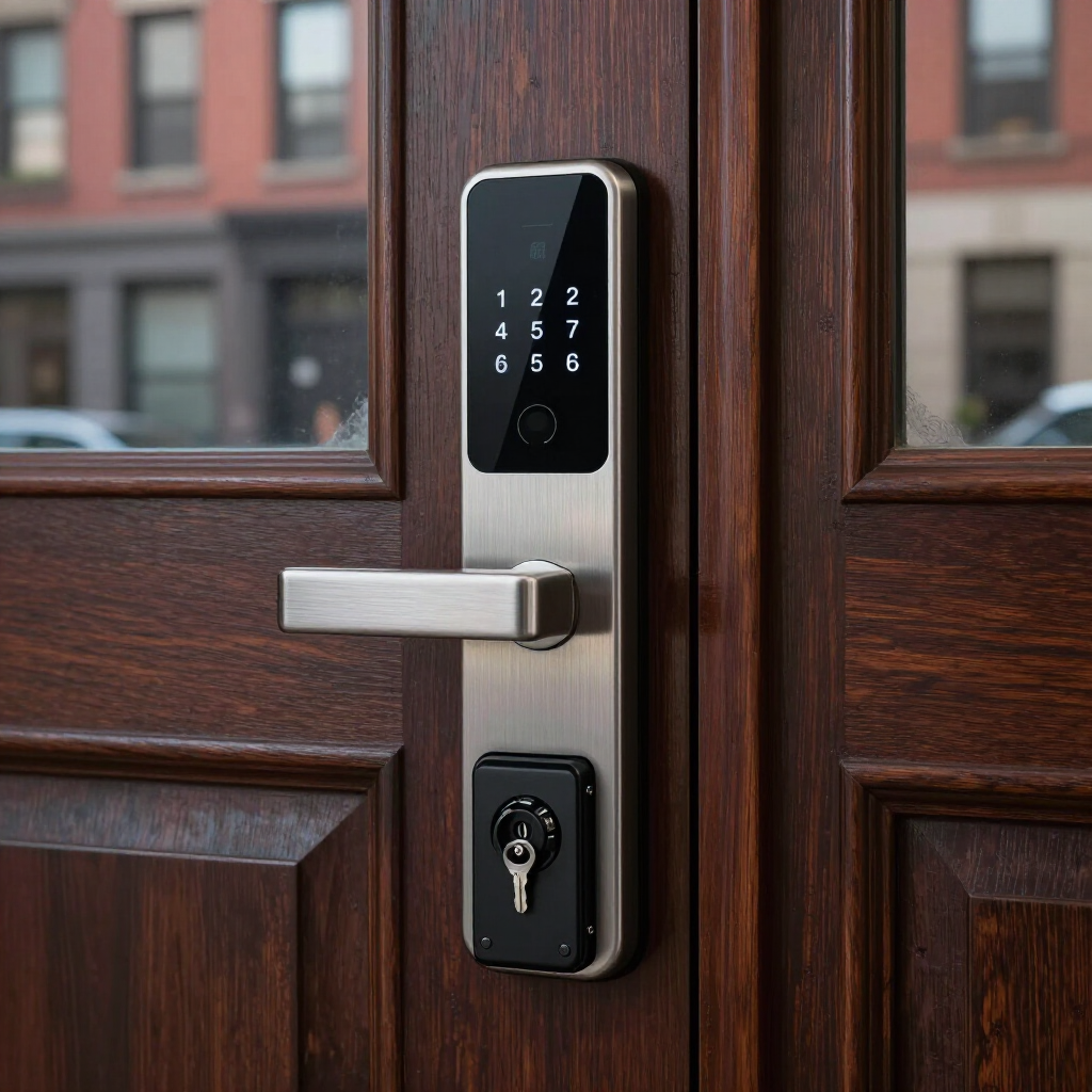 Wooden double doors with a digital keypad lock and metal handle.