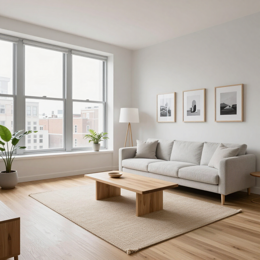 Bright living room with a beige sofa, wooden coffee table, large windows, plants, and framed wall art.