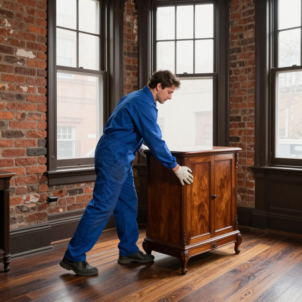 Worker in blue coveralls pushes a wooden cabinet across a brick-walled room with large windows.