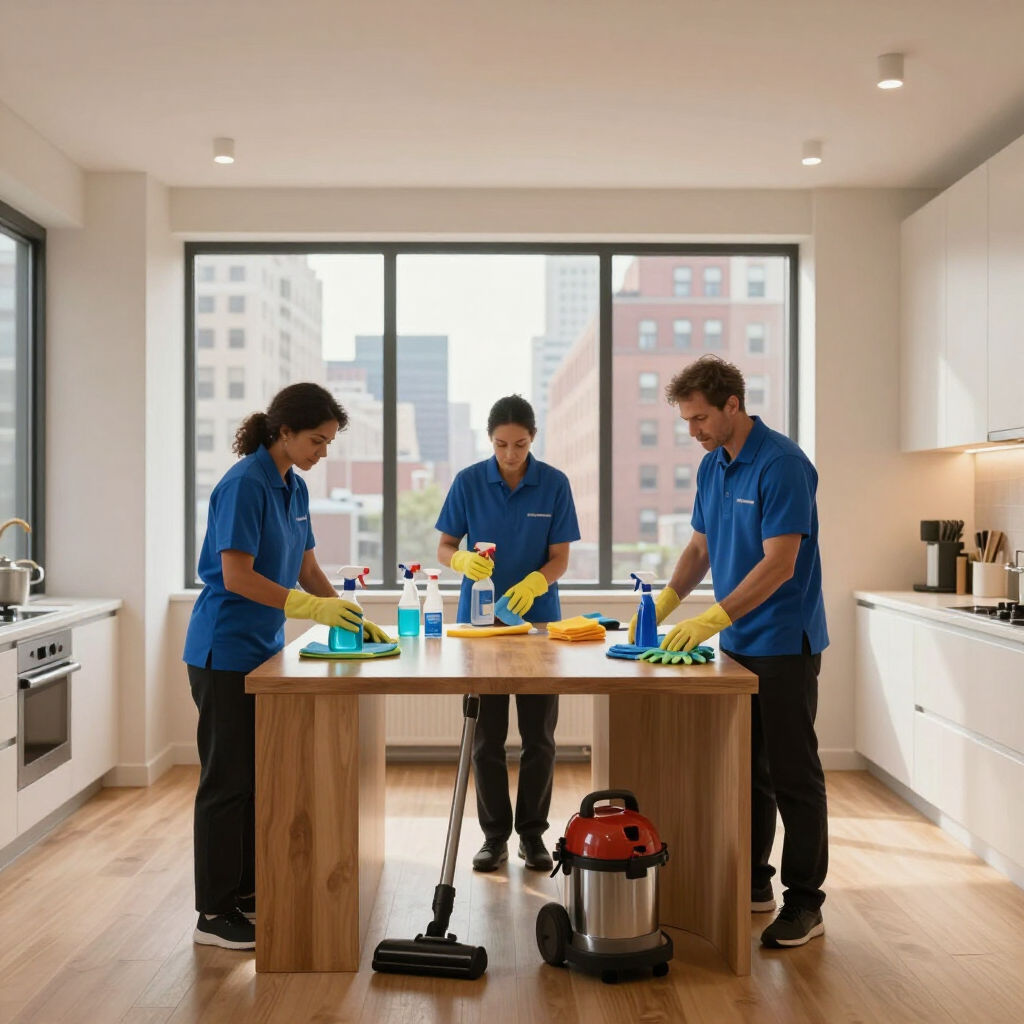 Three cleaners in blue uniforms tidying a bright modern kitchen with a wooden island and vacuum on the floor
