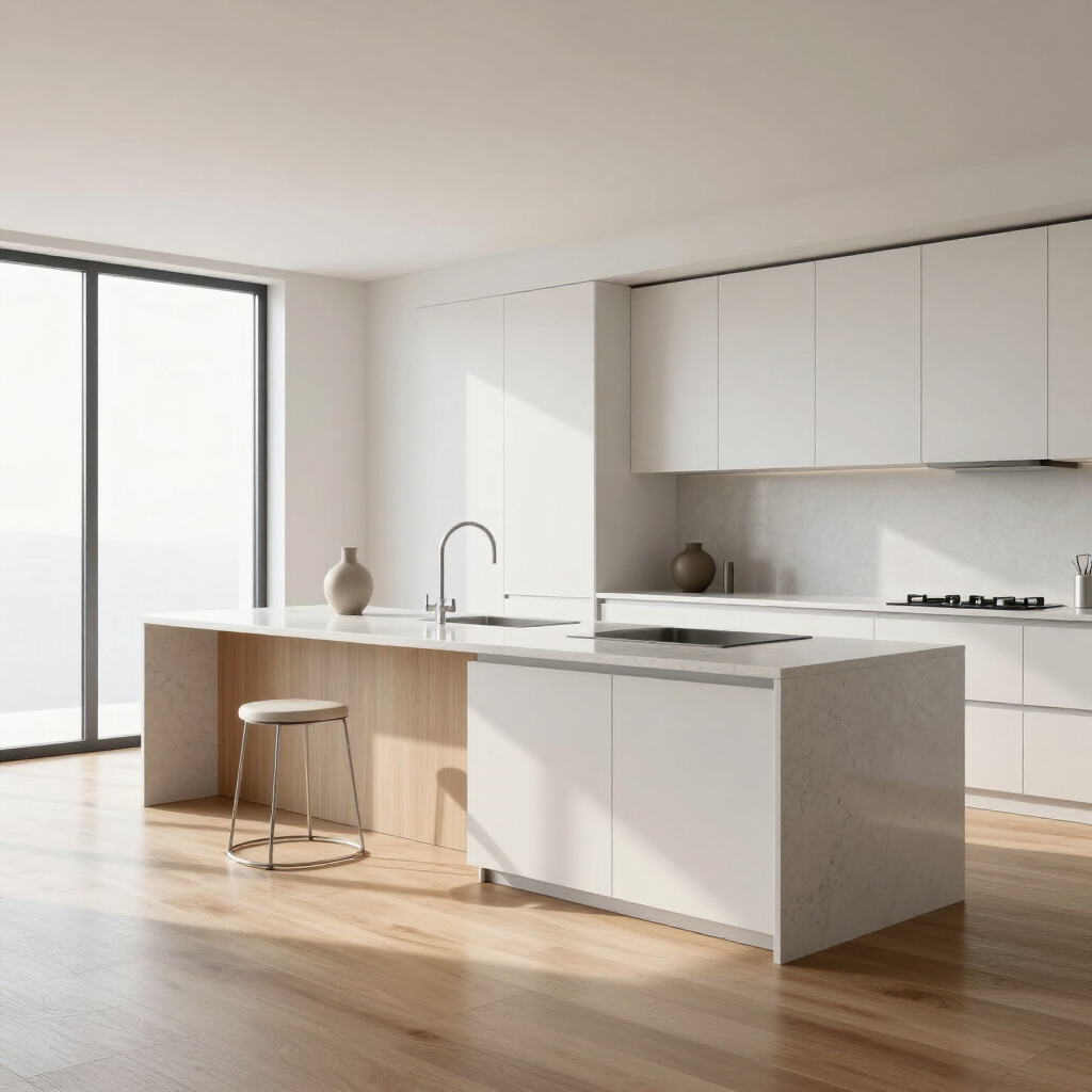 Bright minimalist kitchen with white cabinets, island, stool, and large sliding glass door.
