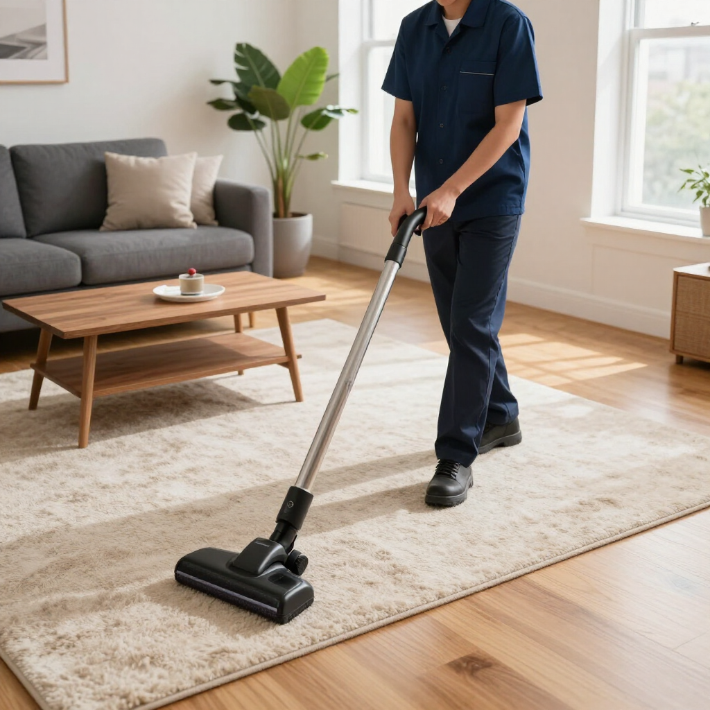 Person vacuuming a light rug in a bright living room with wooden floors and a coffee table